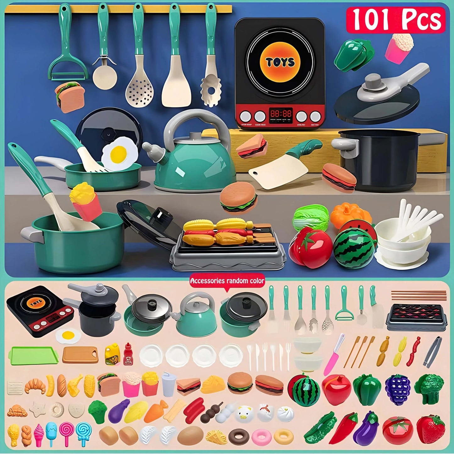 Colorful Kitchen Playset – Pretend Cooking Toy with Fruits, Veggies & Utensils