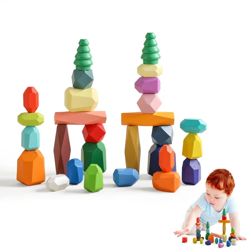 Wooden Rainbow Stones – Montessori Stacking & Balance Blocks for Kids