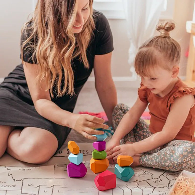 Wooden Rainbow Stones – Montessori Stacking & Balance Blocks for Kids