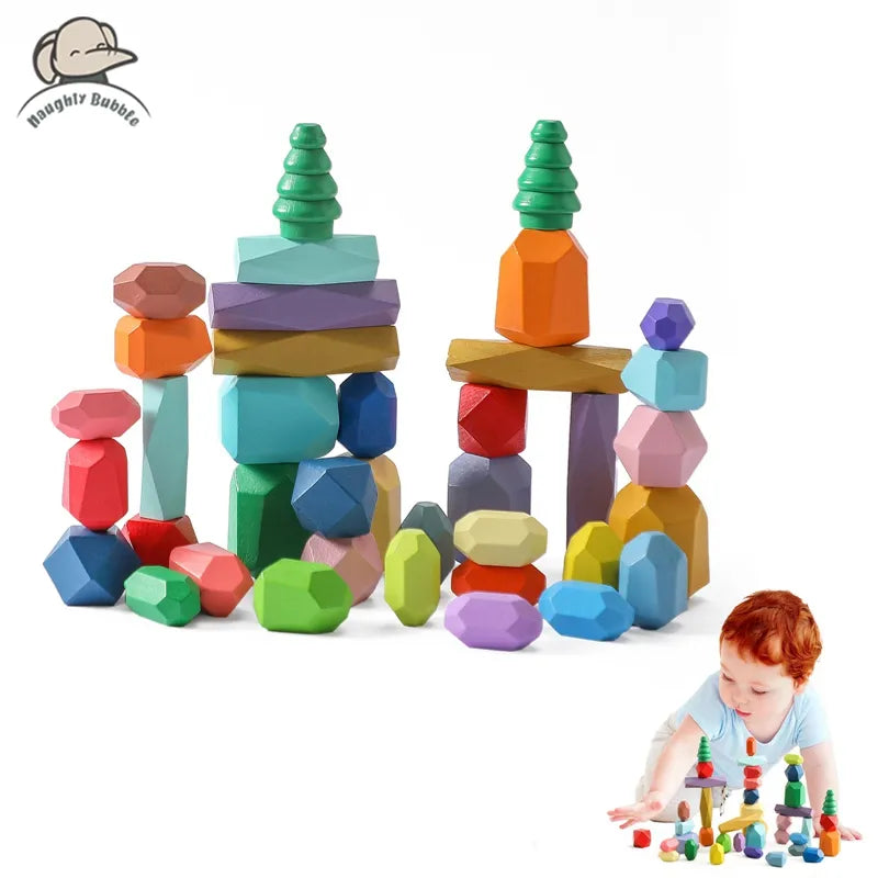 Wooden Rainbow Stones – Montessori Stacking & Balance Blocks for Kids