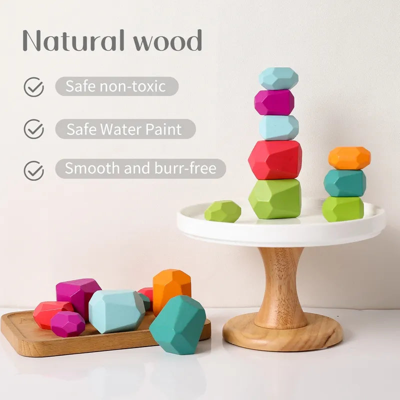 Wooden Rainbow Stones – Montessori Stacking & Balance Blocks for Kids
