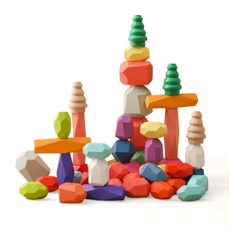 Wooden Rainbow Stones – Montessori Stacking & Balance Blocks for Kids