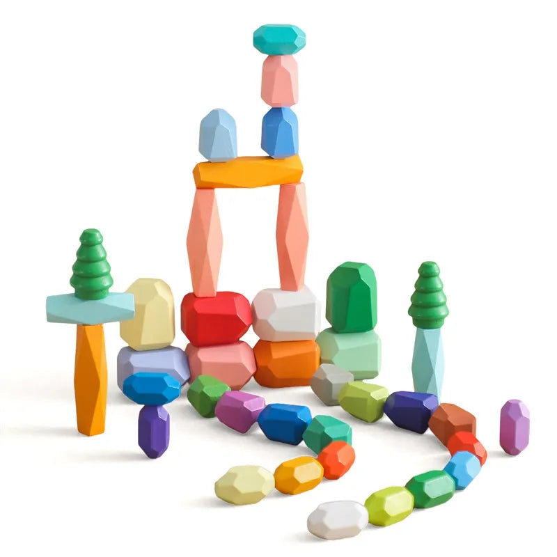 Wooden Rainbow Stones – Montessori Stacking & Balance Blocks for Kids