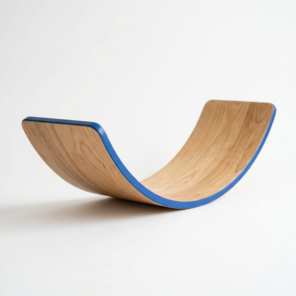 Wooden Balance Board — birch rocker with cobalt edge