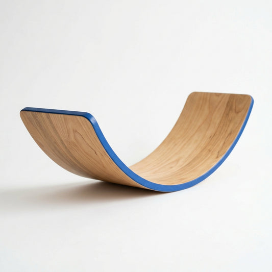 Wooden Balance Board — birch rocker with cobalt edge