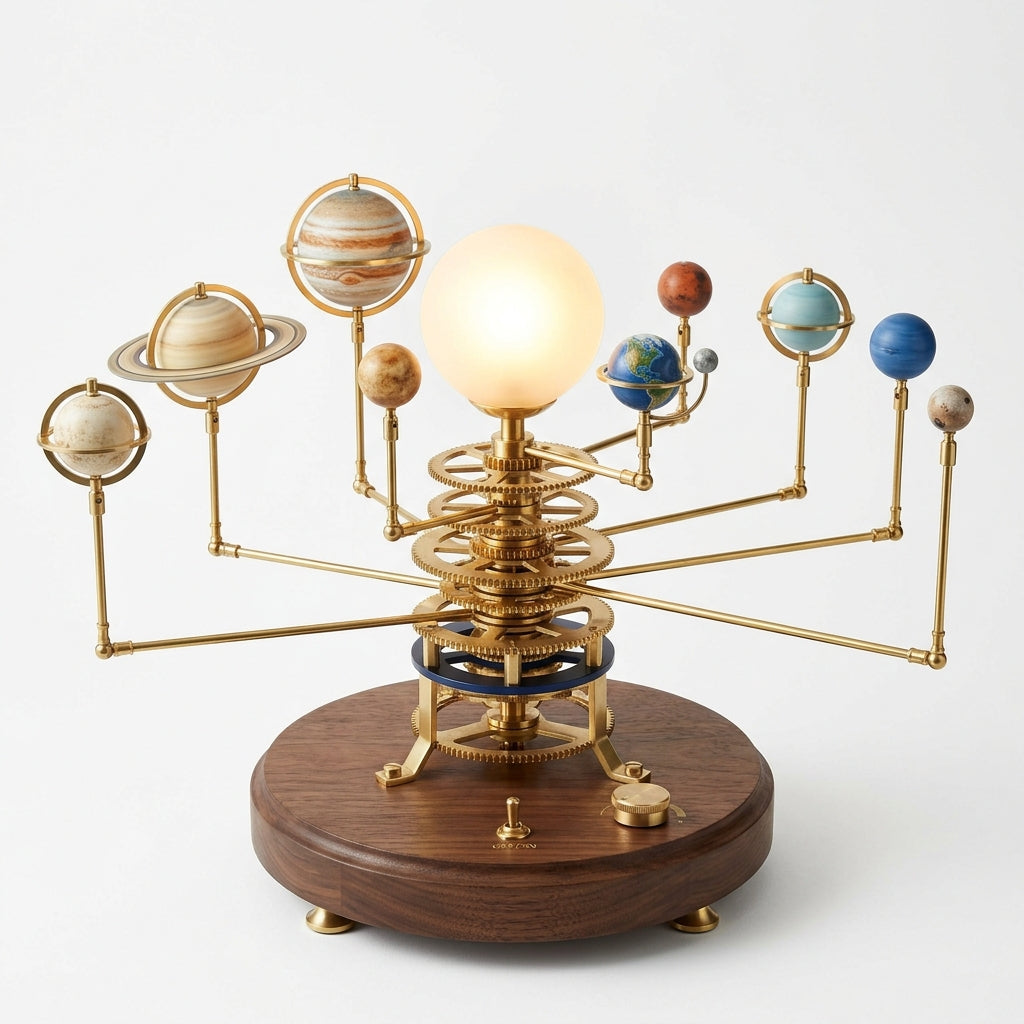Solar System Model Builder — motorised orrery with brass rods