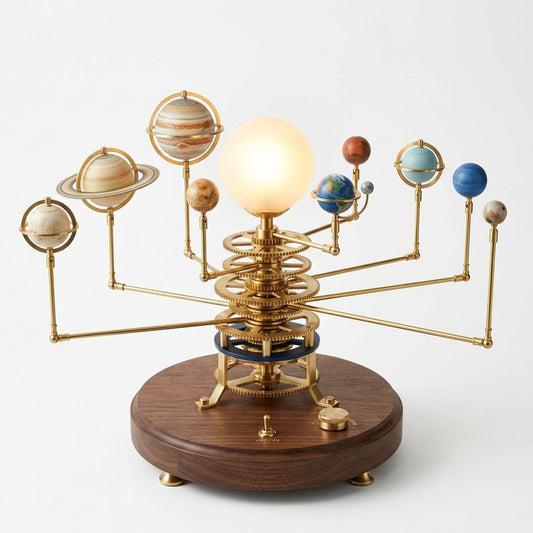 Solar System Model Builder — motorised orrery with brass rods